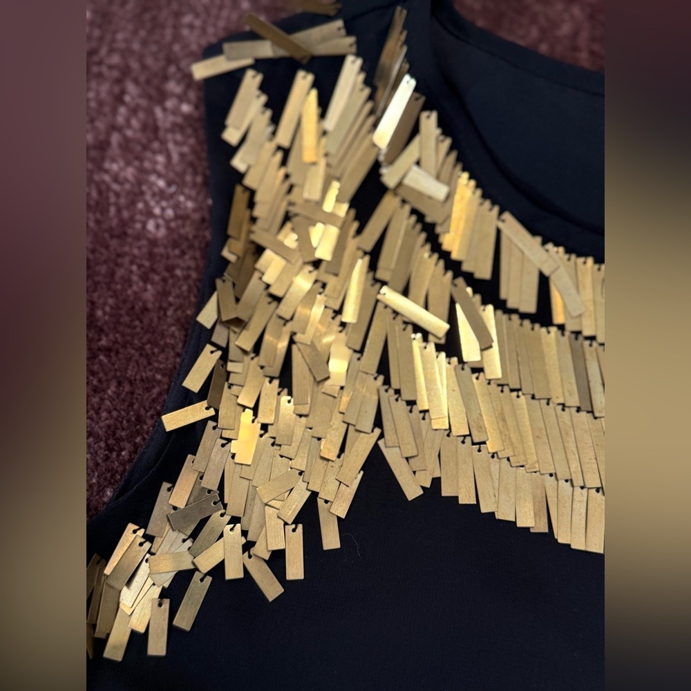 $440 TED BAKER Gold Sequin Embellished Metal Paillettes Little Black Dress Small - Picture 5 of 13